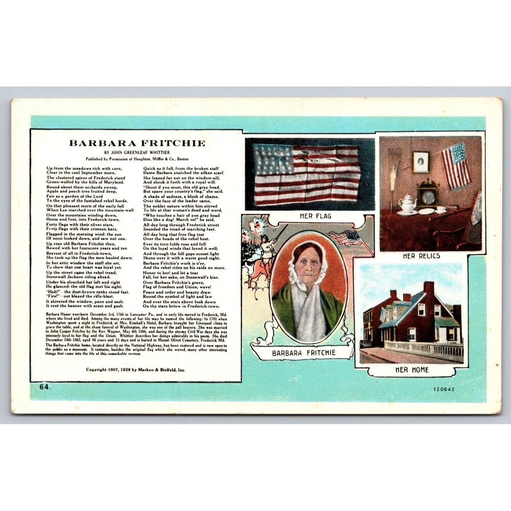 Vintage Barbara Fritchie Postcard Frederick MD Whittier Poem Marken & Bielfeld